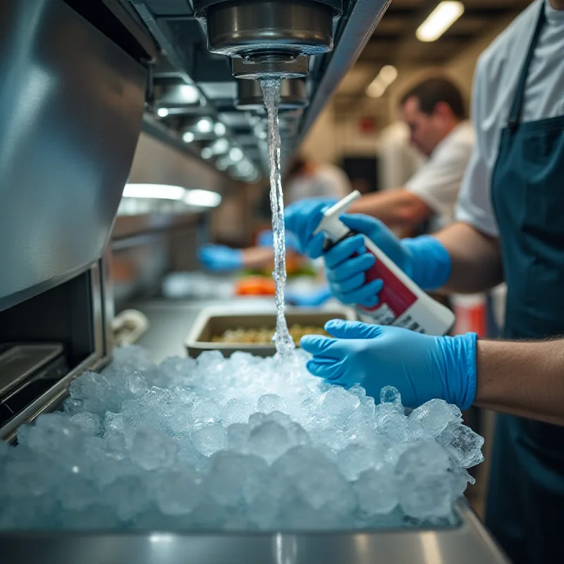 A technician cleaning a commercial ice machine in a restaurant kitchen.