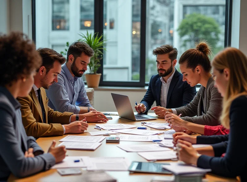 A diverse group of people collaborating around a table, brainstorming marketing strategies.