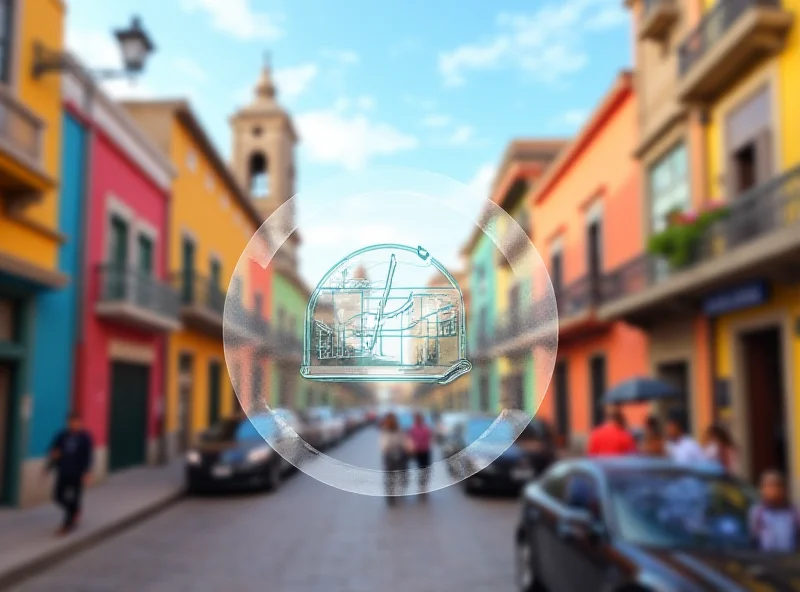 A vibrant cityscape of Puebla, Mexico, with colorful buildings and bustling streets, overlaid with a subtle graphic representing search engine optimization and digital marketing.