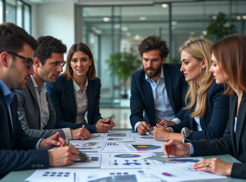 A diverse group of professionals collaborating in a modern office setting, symbolizing teamwork, strategic planning, and business growth.