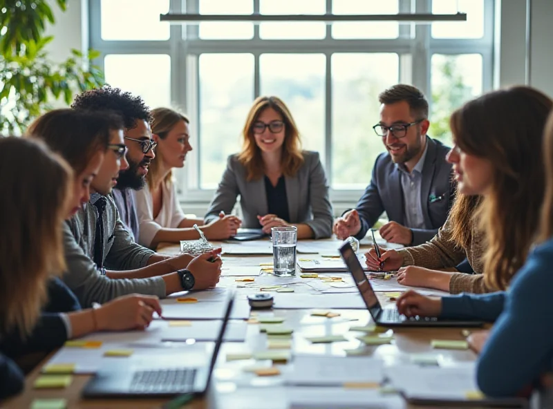 A diverse team working collaboratively in a modern office setting, brainstorming ideas and reviewing documents, symbolizing the benefits of outsourcing and collaboration.