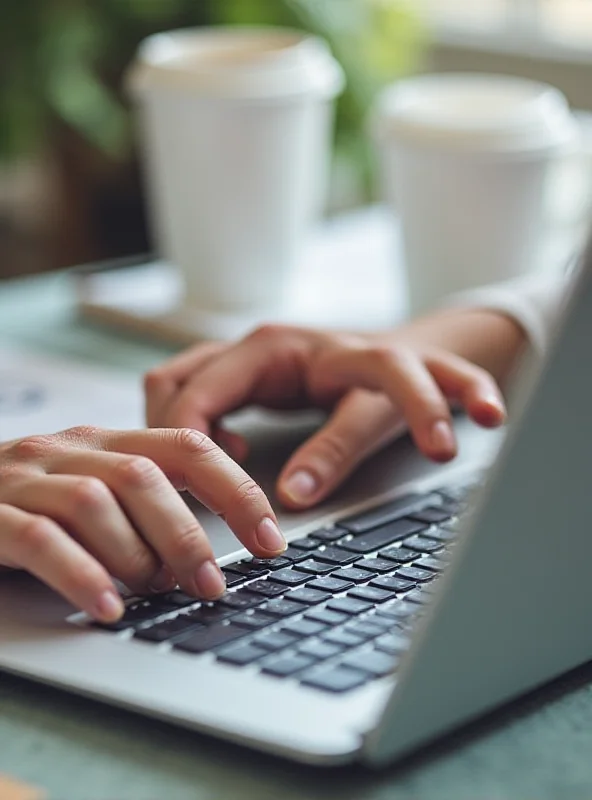 A close-up of a person's hands typing on a laptop keyboard, with a coffee cup and a notebook with marketing notes visible in the background, representing the research and decision-making process involved in selecting the right marketing association.