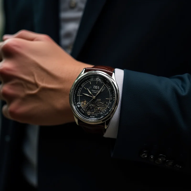 A close-up of a sophisticated Tissot automatic watch on a wrist, showcasing its intricate details and elegant design, representing the timeless investment in precision and style.