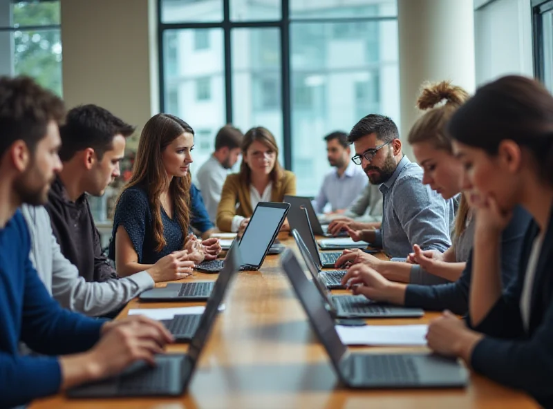 People watching a webinar on their laptops and tablets.