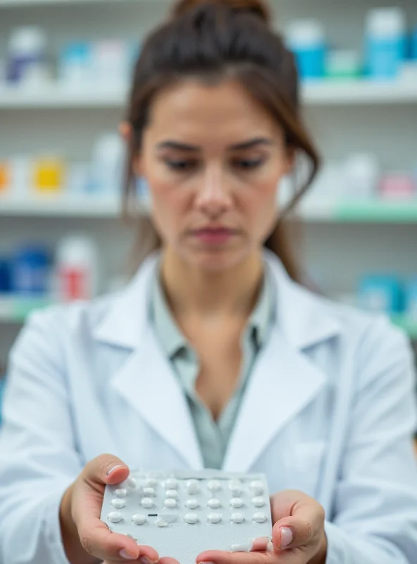 A pharmacist holding a box of paracetamol and looking concerned.