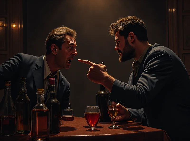 Illustration of two men arguing during a party, with alcohol visible.