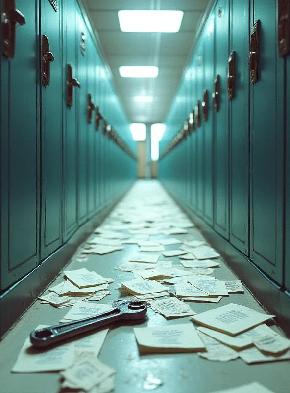 Illustration of a chaotic school hallway, with a spanner lying on the floor.