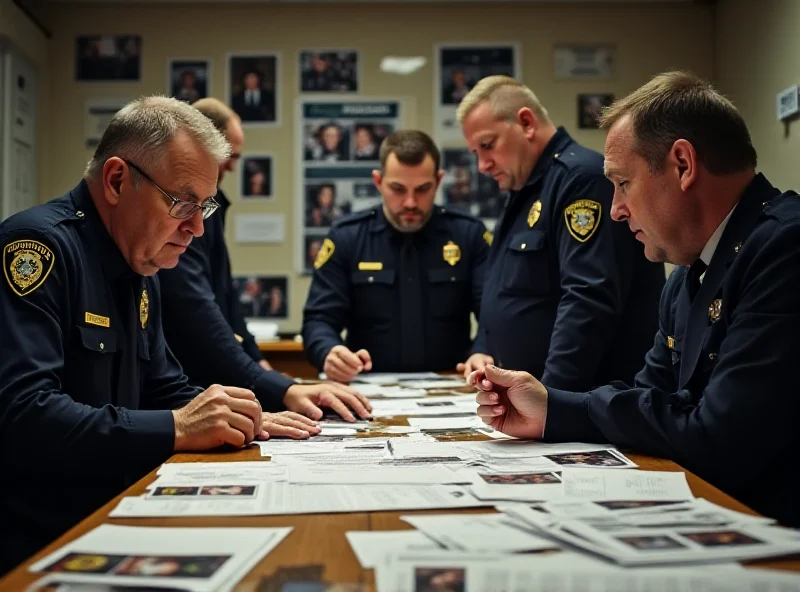 Image of a group of police officers working on a case involving child trafficking, with evidence and files spread out on a table.