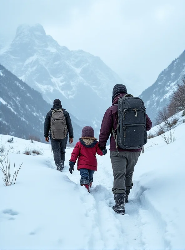 Image of a family of migrants walking along a snowy mountain path, bundled in winter clothes, carrying backpacks and looking exhausted.