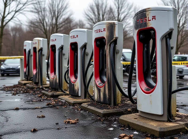 A row of damaged Tesla charging stations, charred and blackened by fire, at a shopping center in Littleton, Massachusetts.