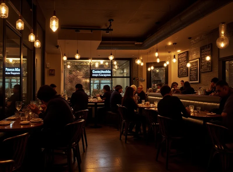 The interior of a brightly lit cafe in Cambridge, Massachusetts, with people enjoying coffee and pastries during late-night hours. A sign in Arabic welcomes customers for Ramadan.