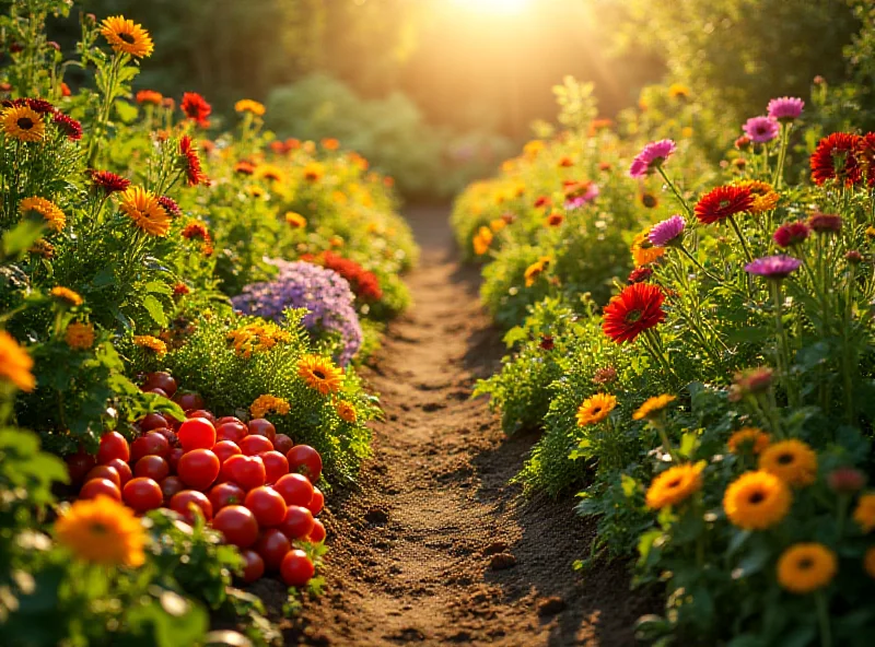 A vibrant, slightly overgrown garden filled with various colorful flowers and vegetables, bathed in warm sunlight.