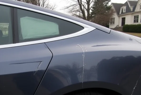 A slightly damaged Tesla car with a visible scratch on its side, parked on a residential street in Brookline, Massachusetts.