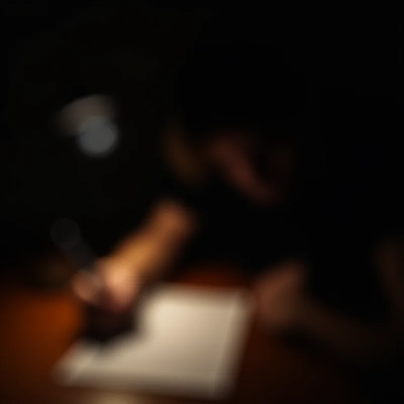 A concerned person writing a letter in a dimly lit room, expressing feelings of anxiety and moral conflict.