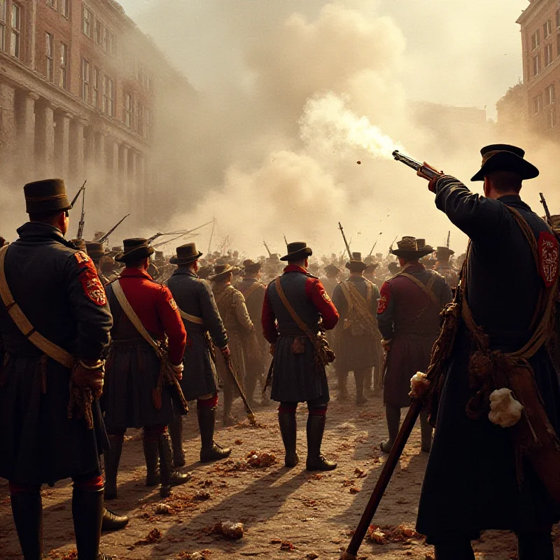 A historical depiction of the Boston Massacre with British soldiers firing on civilians.