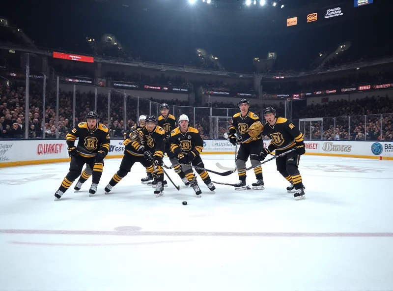 A tense moment during a Bruins hockey game, showcasing players battling for the puck near the net.