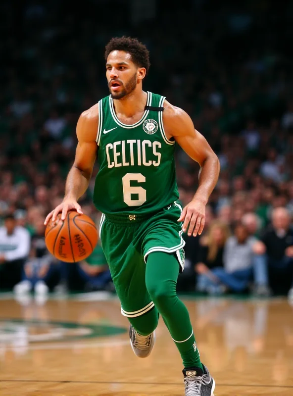 Jayson Tatum dribbling the basketball down the court during a Celtics game, with focused determination on his face.