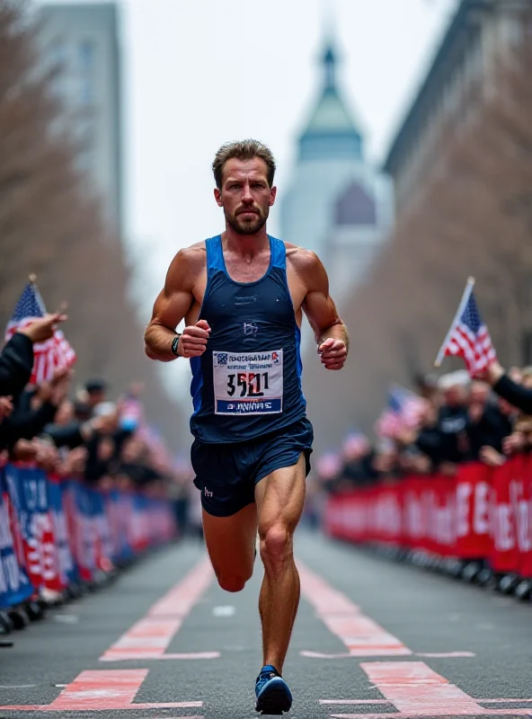 A marathon runner crossing the finish line with determination.