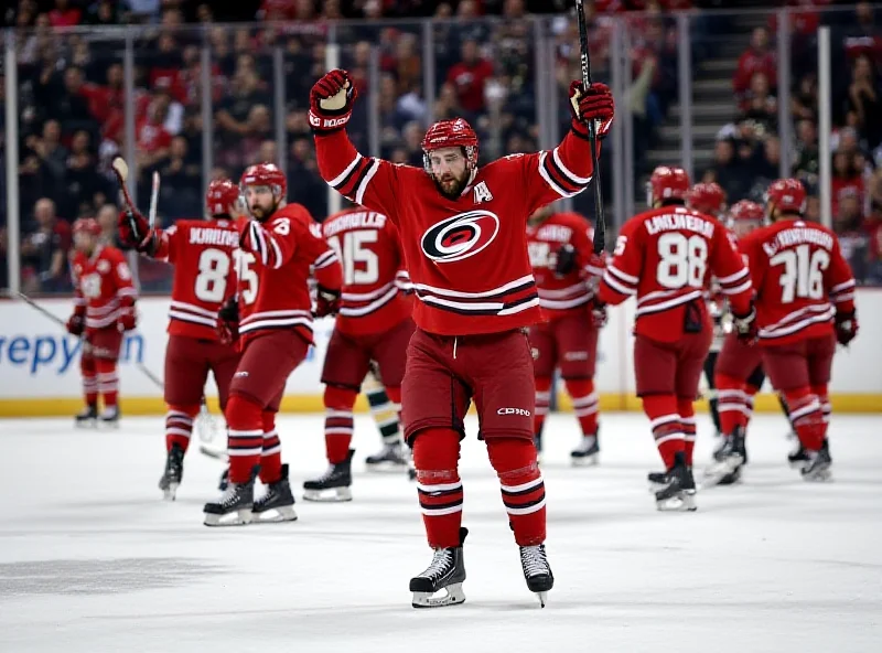 A dramatic image of the Carolina Hurricanes celebrating their late-game goal against the Bruins