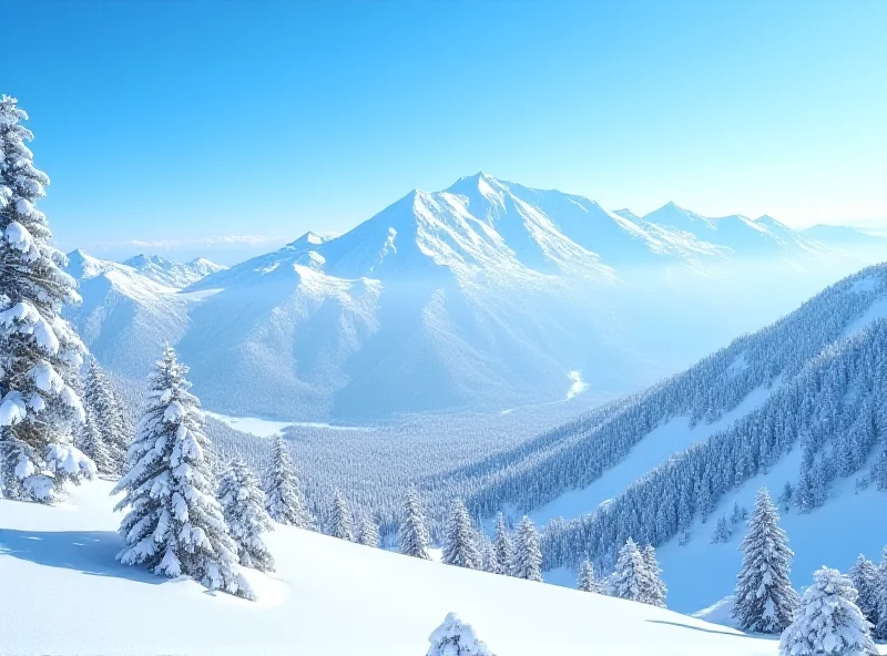 Snowy mountains with pine trees under a blue sky.