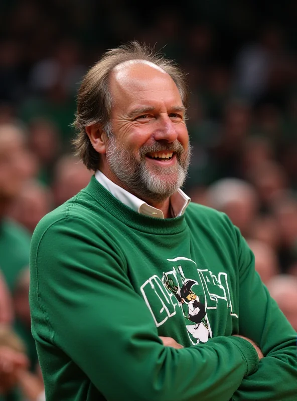 Joe Mazzulla smiling on the sidelines of a basketball game.