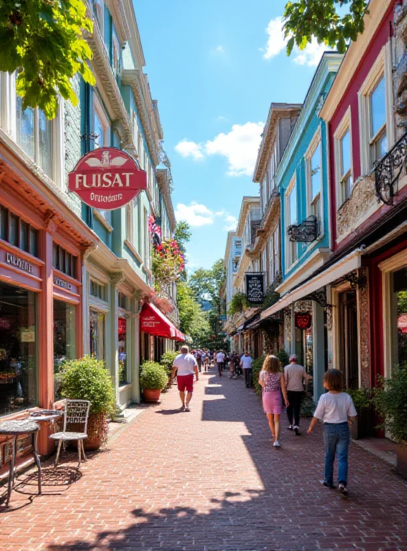 A vibrant street scene in Newport, Rhode Island, with colorful shops and historic buildings.