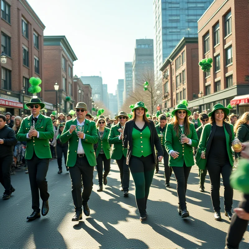 A lively St. Patrick's Day parade in Boston, with people dressed in green, marching bands, and festive floats.