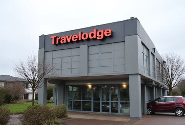 Exterior of a Travelodge hotel on a cloudy day.