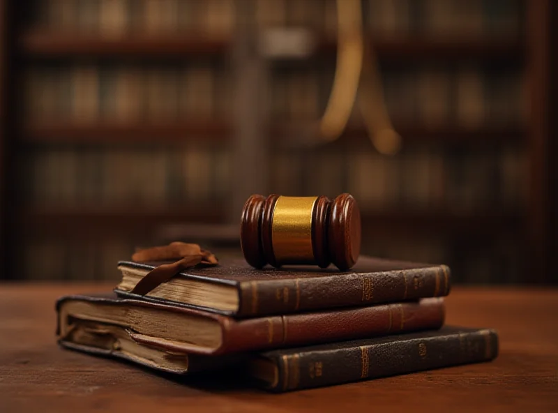 A gavel resting on a stack of legal books in a courtroom setting.