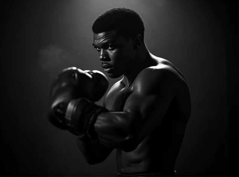 A black and white photo of Muhammad Ali shadow boxing in a dimly lit gym.