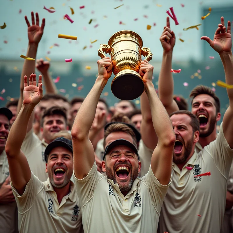 A victorious cricket team celebrating their win, holding the trophy aloft.