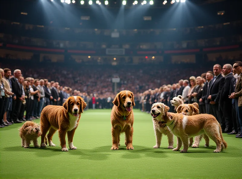 A wide shot of the Crufts show ring with dogs and handlers