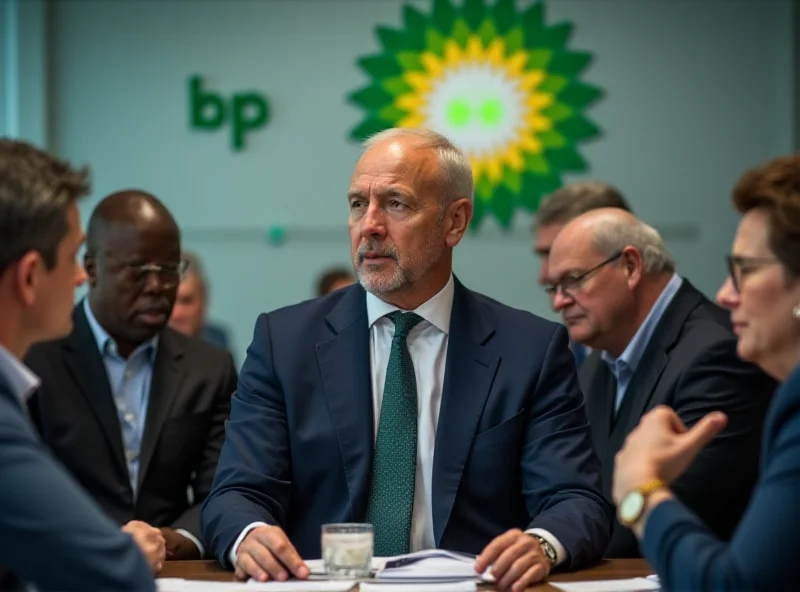 A group of diverse shareholders in a modern conference room, some nodding in agreement, others looking concerned, with BP logo subtly displayed in the background.