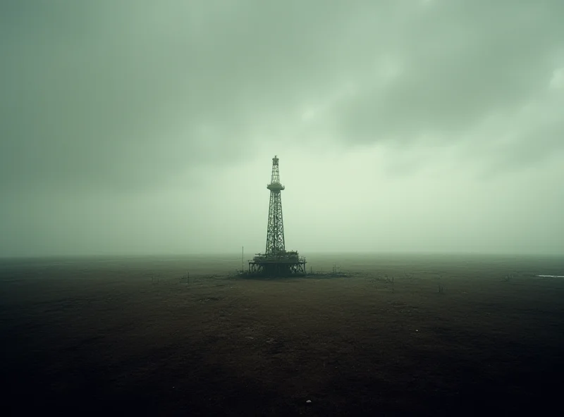 A desolate oil field landscape under a cloudy sky, with a single BP oil rig silhouetted against the horizon, symbolizing the renewed focus on oil and gas production.