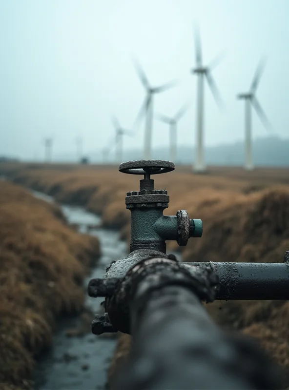 Close-up shot of a hand turning a valve on an oil pipeline, with a blurred background of wind turbines, symbolizing the tension between traditional energy and renewable energy sources.