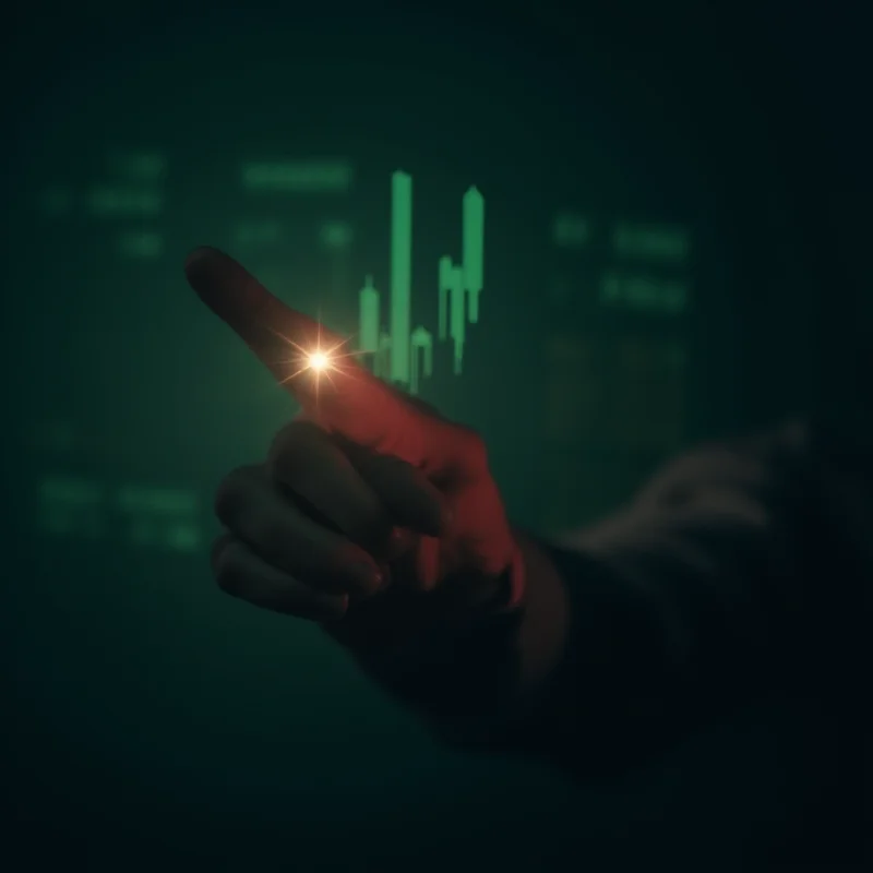 Close up of a hand touching a glowing digital screen with a graph showing a downward trend