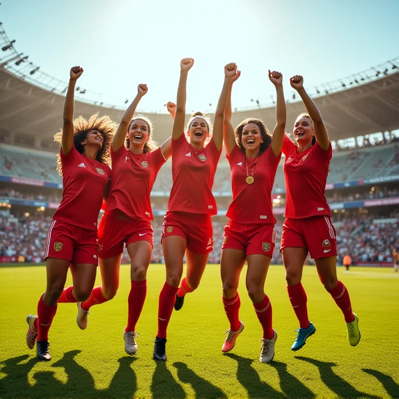 A group of women's soccer players celebrating a goal on a soccer field.