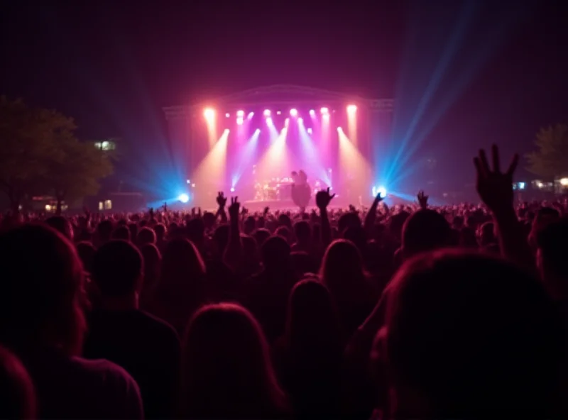 A lively crowd at an outdoor music concert with a stage in the background.