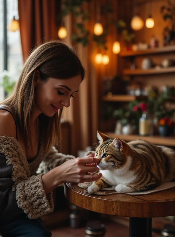 A person petting a cat in a cozy cafe setting.