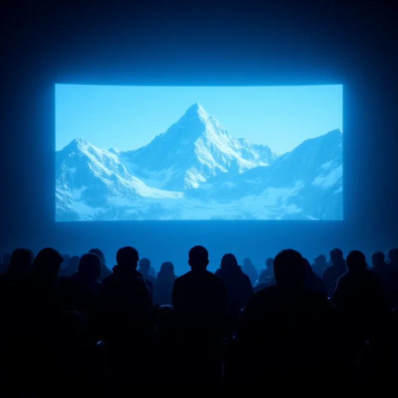 A dramatic mountain landscape shown on a large screen at a film festival.