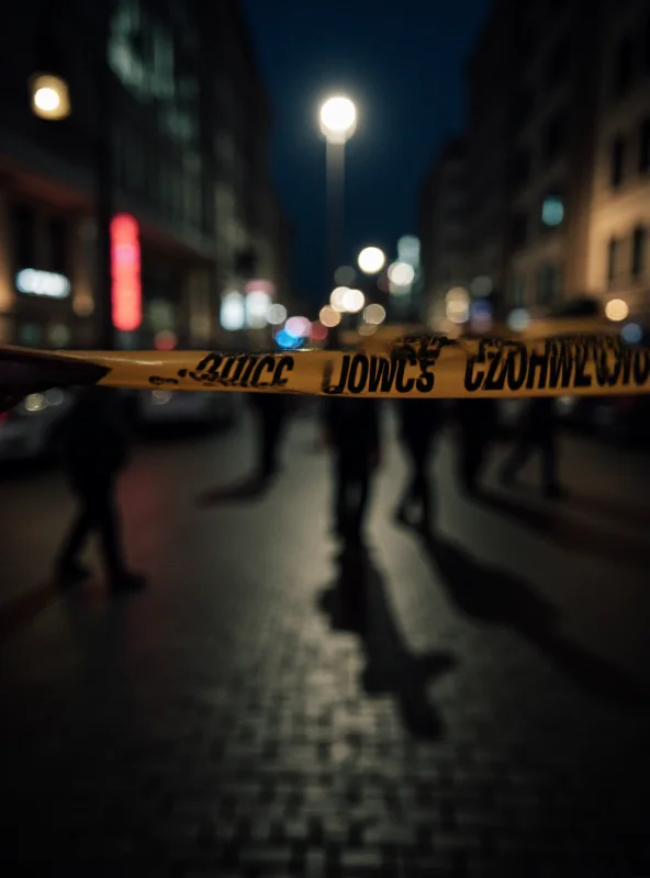 Police tape at a crime scene in a city square at night