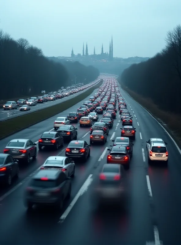 Traffic jam on a highway with Bratislava skyline in the background