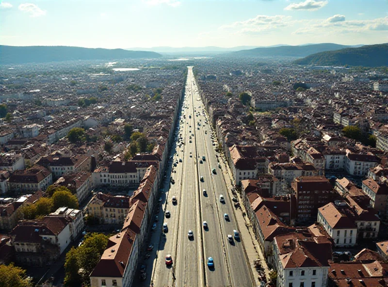 Aerial view of central Bratislava with traffic flowing through the streets.