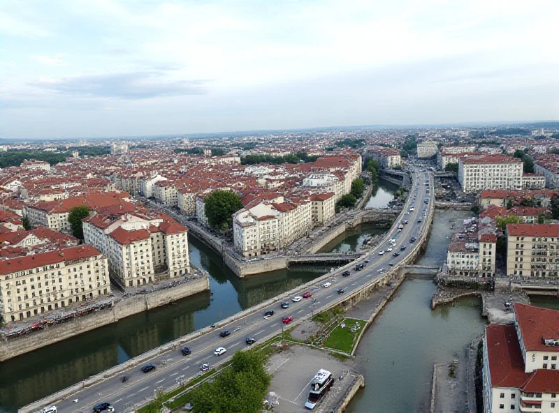 Aerial view of Bratislava city center with traffic flowing through the streets.