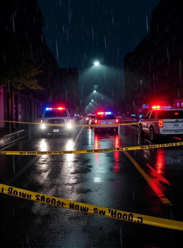 Police tape cordoning off a street at night, with emergency vehicles in the background.