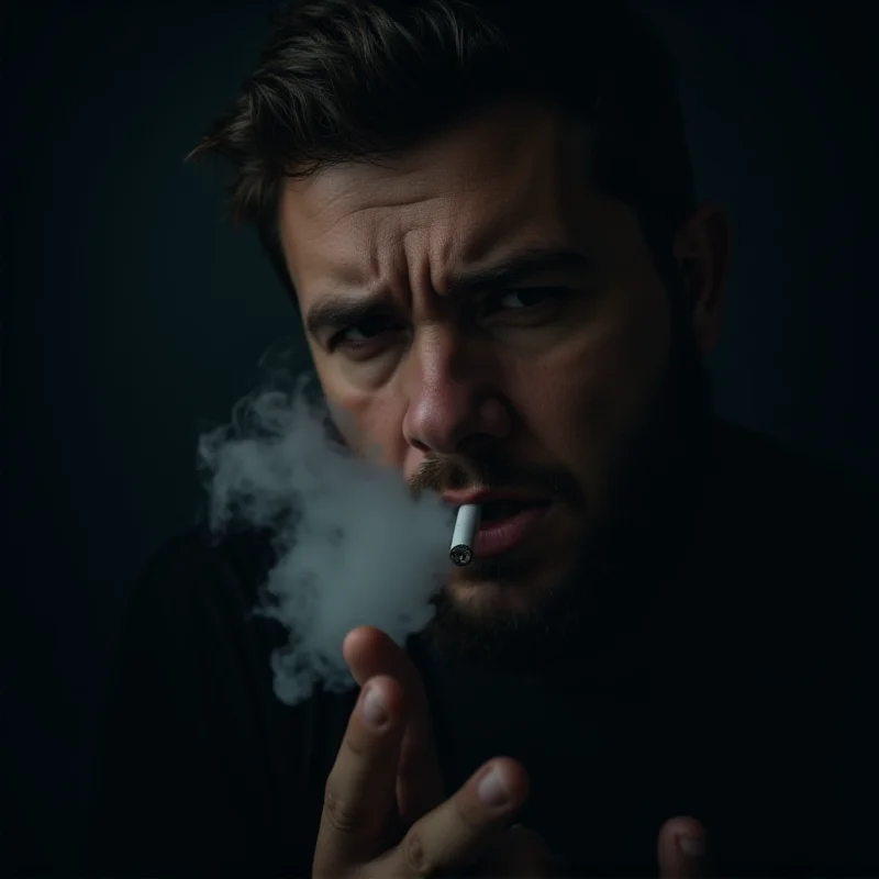 A person smoking a cigarette with a grim expression, symbolizing mandatory smoking.