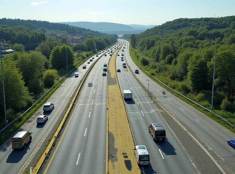 Aerial view of the D1 highway near Bratislava with road closure signs and detour routes highlighted.