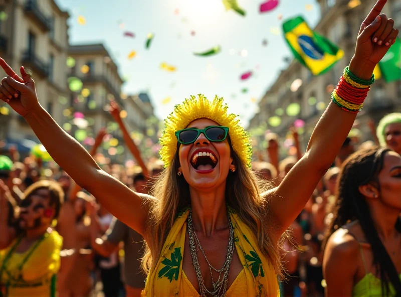 Crowds celebrating in Rio de Janeiro with Brazilian flags and Carnival costumes