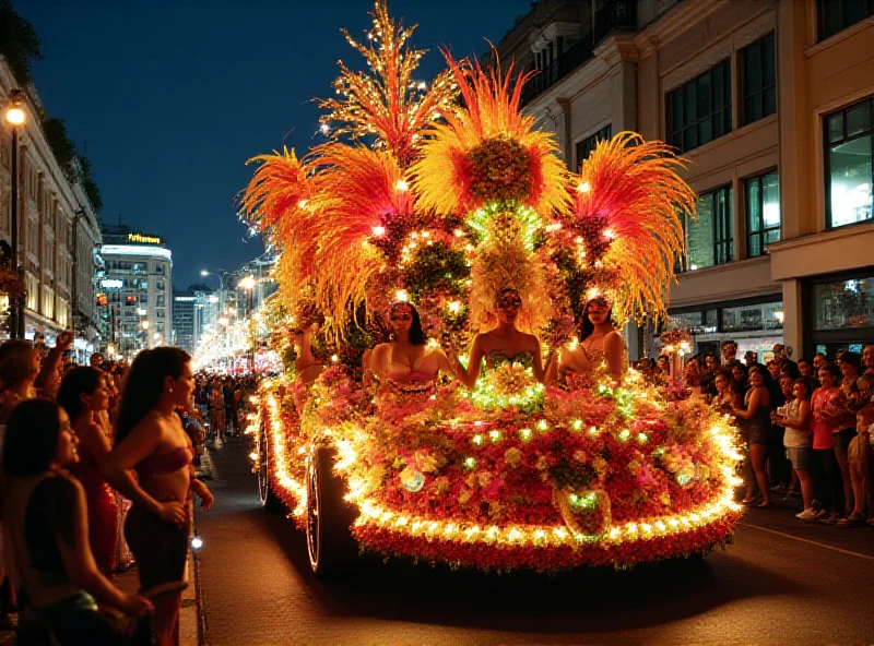 Elaborate Carnival float with dancers in colorful costumes