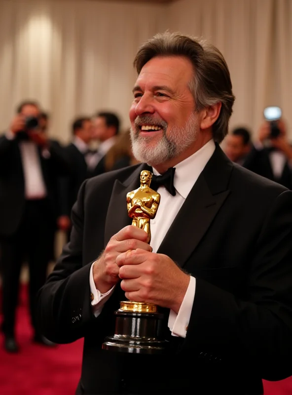 Walter Salles holding an Oscar statue on the red carpet.